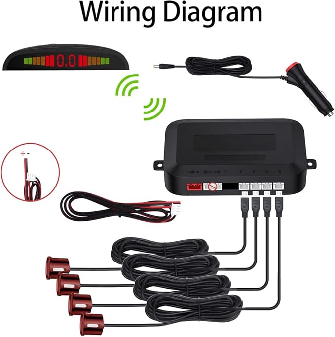 Wireless Parking Sensor, Reverse Radar System with 4 Car Backup Sensors, Wireless LED Distance Display with Sound Warning + 4 Flit Red Color Car Parking Sensor for Auto Vans RV Trailer