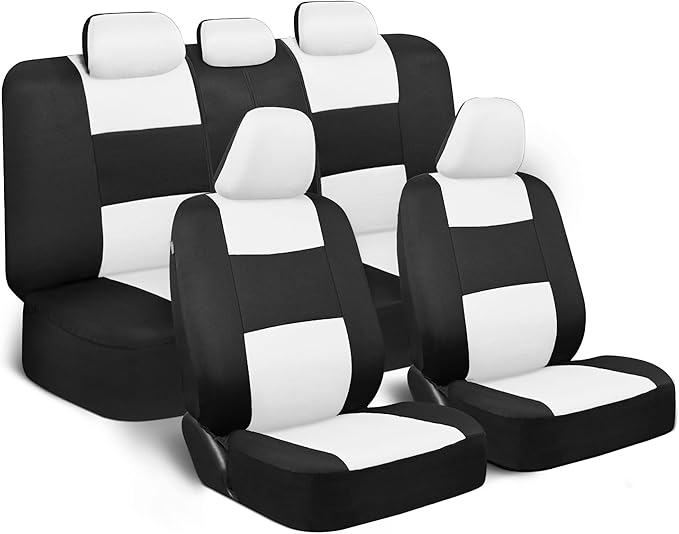 BDK PolyPro Car Seat Covers Full Set in White on Black, Front and Rear Split Bench Seat Covers for Cars, Easy to Install Car 