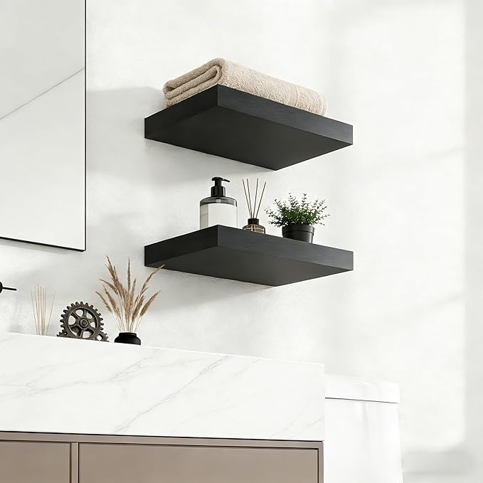 15.7 inch Black Floating Shelves Set of 2, Solid Wood Wall Mounted Shelves, Heavy Duty Display Storage Shelves for Bedroom, L