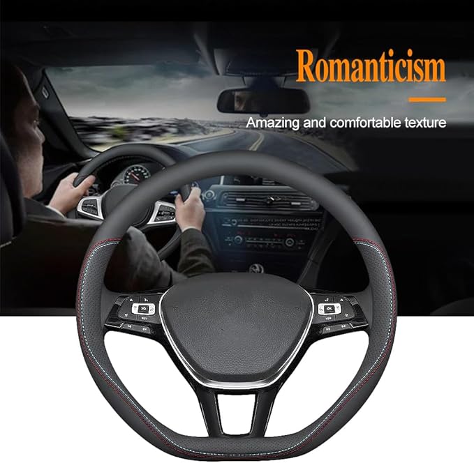 Carodi Latest Nappa Leather car Steering Wheel Cover, Stylish Non-Slip Leather car Interior 15 inches Universal (D-Shape,Blac