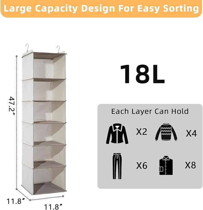 2 Packs Hanging Closet Organizer, 6-Shelf Closet Organizers and Storage with Side Pockets, Collapsible Hanging Shelves for Cl
