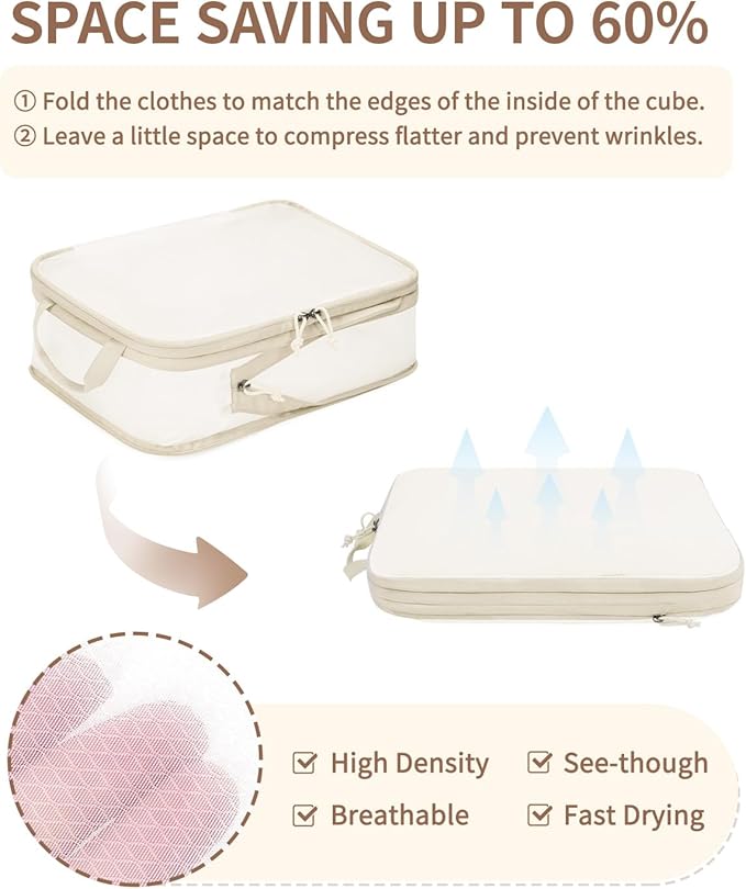 ECOHUB 6 Set Compression Packing Cubes, Lightweight Beach Vacation Travel Essentials Durable Travel Accessories for Suitcase 