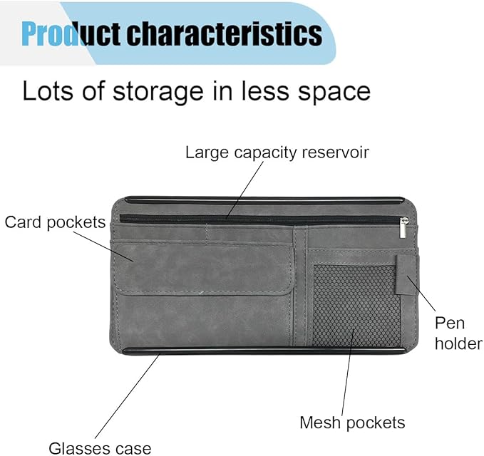 Suede Car Sun Visor Organizer with Multi-Pocket Net Zipper, Glasses Case, Sunglass Holder (Grey)