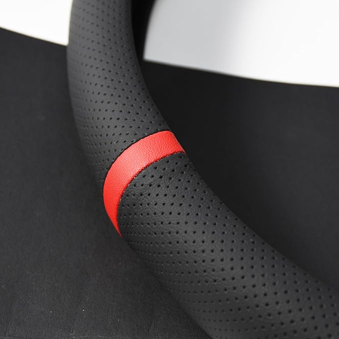 Quick Install Sporty Perforated Nappa Leather Steering Wheel Cover with Red Circular Stripe Trim Universal fit Any 14½ to 15 inches Car Pickup SUV 14.5 to 15 inches SW