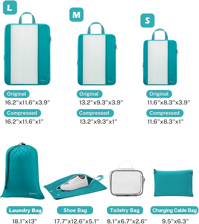 Gonex 8 Set Compression Packing Cubes, Expandable Mesh Organizer for Travel Accessories, Essentials With Toiletry, Laundry, S