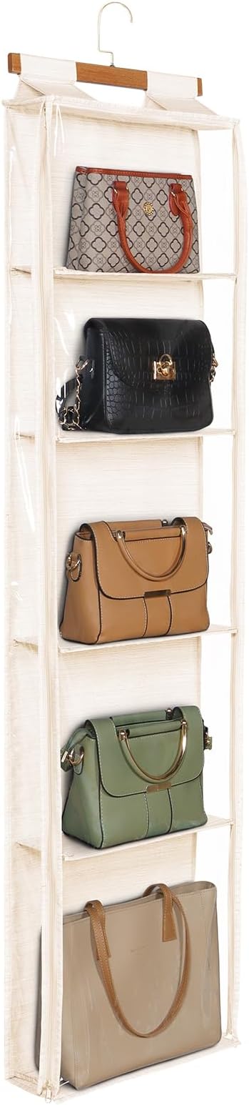 Syeeiex Hanging Handbag Purse Organizer with Zippers, 5 Mesh Shelves,Clear Slubbed Fabric+PVC Hanging Closet Bag Organizer, D