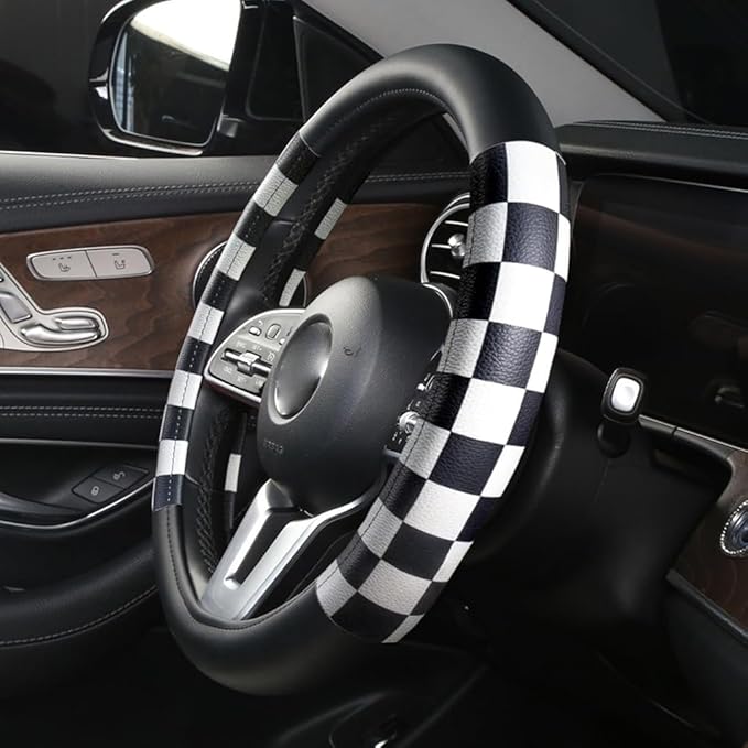 Dotesy Lattice Car Steering Wheel Cover Microfiber Leather Non-Slip Comfort Universal 15 inch Checkered Plaid Wheel Protector