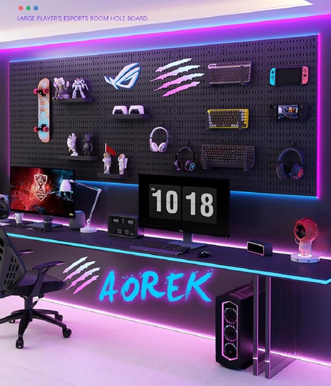 Peg Board with RGB+IC LED Strip Lights,2PCS Metal Pegboard Panels,Heavy Duty Pegboard Gaming Room Wall Organizer with Hooks,D