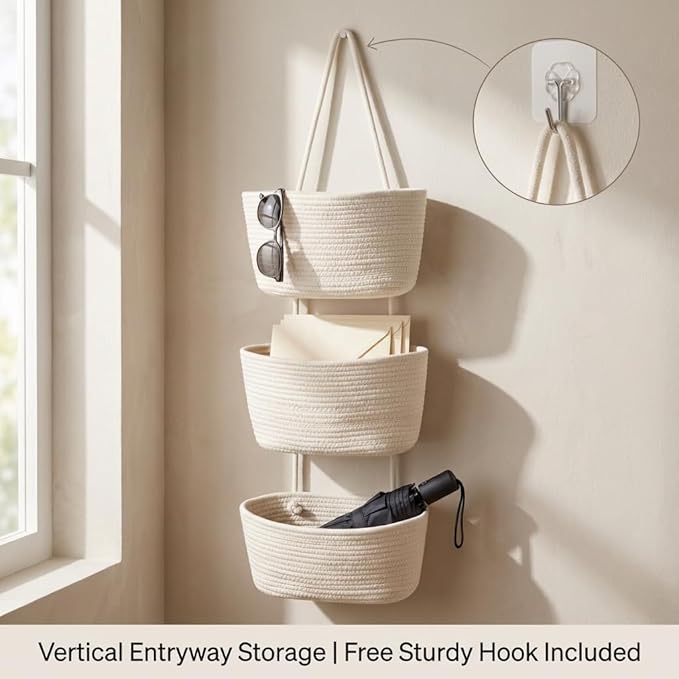 Hanging Wall Basket, Over the Door Hanging Basket with Hooks for Storage, Organizing, Decorative Boho Decor for Nursery, Bedr