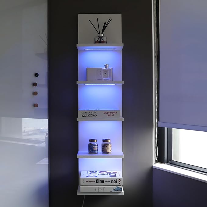5 Tier Wall Shelf Unit, RGB Lack Shelf, Vanity Shelves with Light,White Shelves for Room,Office,Bathroom,Remote Control