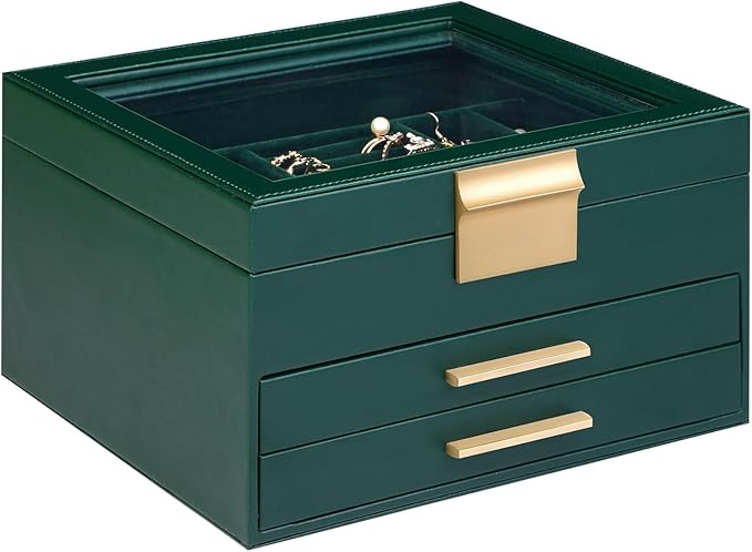 Somduy Jewelry Box Organizer for Women,3 Layers PU Leather Jewelry Storage Display Box with Glass Lid,Gift for people,3 Drawe