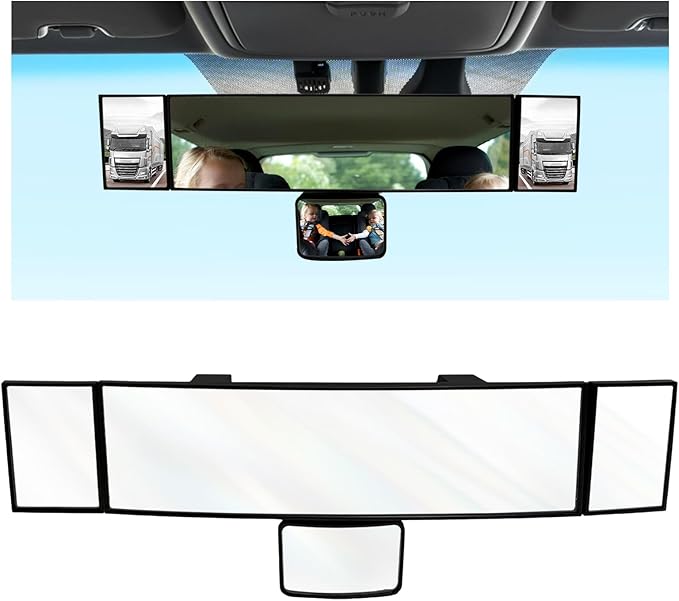 15" Rear View Mirror with Baby Mirror, Panoramic Anti-Glare Wide Angle Convex Rearview Mirror, Vehicle Interior Clip-on Rear View Baby Mirror Extender Reduce Blind Spot