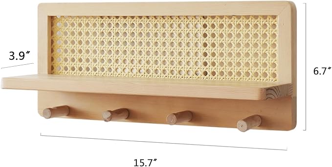 FRIADE PE Rattan Coat Rack Shelf Wall Mounted with 4 Hooks, Decorative Coat Hook Rack with Floating Shelf for Entryway, Nurse