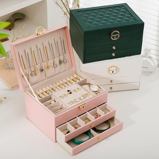 GUOER Jewelry Box for Women Girl Wife 3 Layers Large PU Leather Jewelry Organizer Storage Case with Two Layers Display for Ea