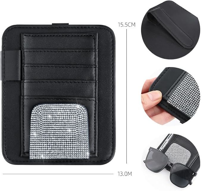Bling Car Sun Visor Organizer, Rhinestone Multi-Pocket Truck Visor Organizer Pouch with Visor Pen Holder,Glasses Holder,Universal Sunvisor Organizers for Most Cars SUVs -White