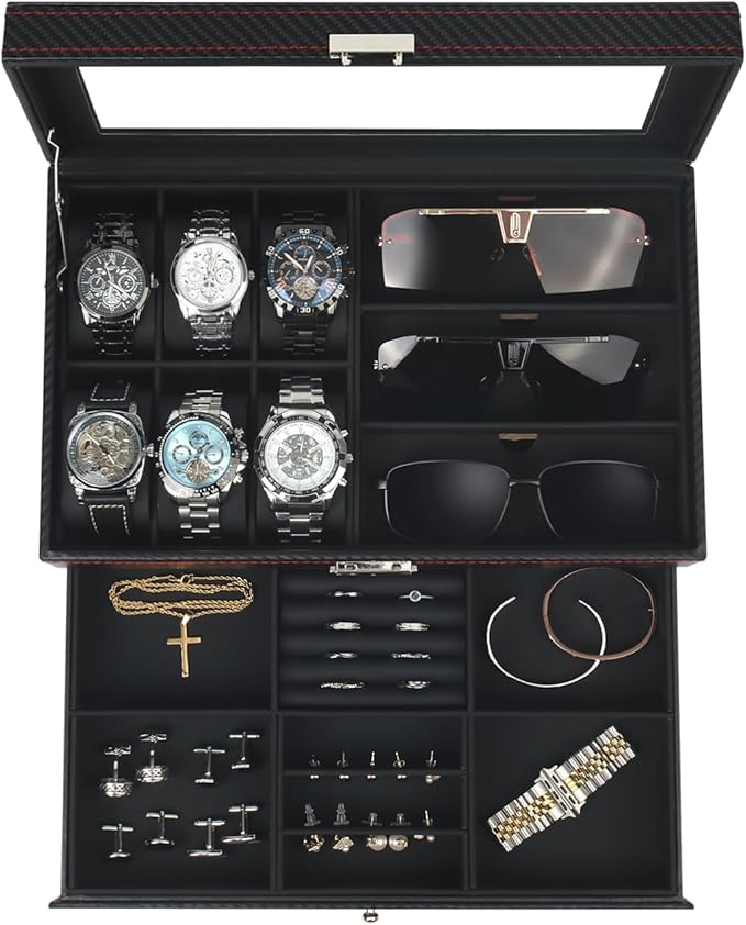 Kukikan Watch Jewelry Box Organizer, 6-Slot 2-Layer Watch Case and Sunglasses Storage with Large Glass Lid, Men's Jewelry Box