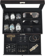 Kukikan Watch Jewelry Box Organizer, 6-Slot 2-Layer Watch Case and Sunglasses Storage with Large Glass Lid, Men's Jewelry Box