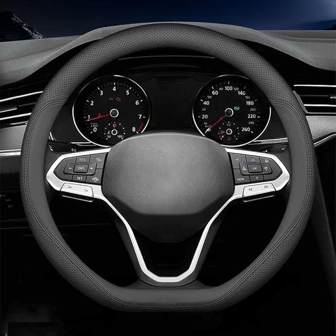 Carodi Latest Nappa Leather car Steering Wheel Cover, Stylish Non-Slip Leather car Interior 15 inches Universal (D-Shape,Blac