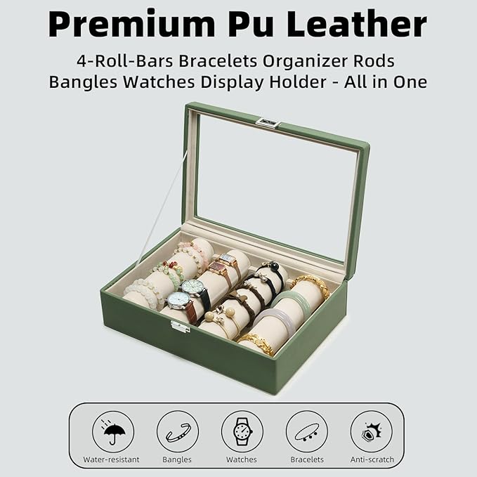 Bracelets Organizer Rods Bangles Display Holder, Clear See through Lid Leather Velvet Jewelry Storage Box Case for Women, 4 R