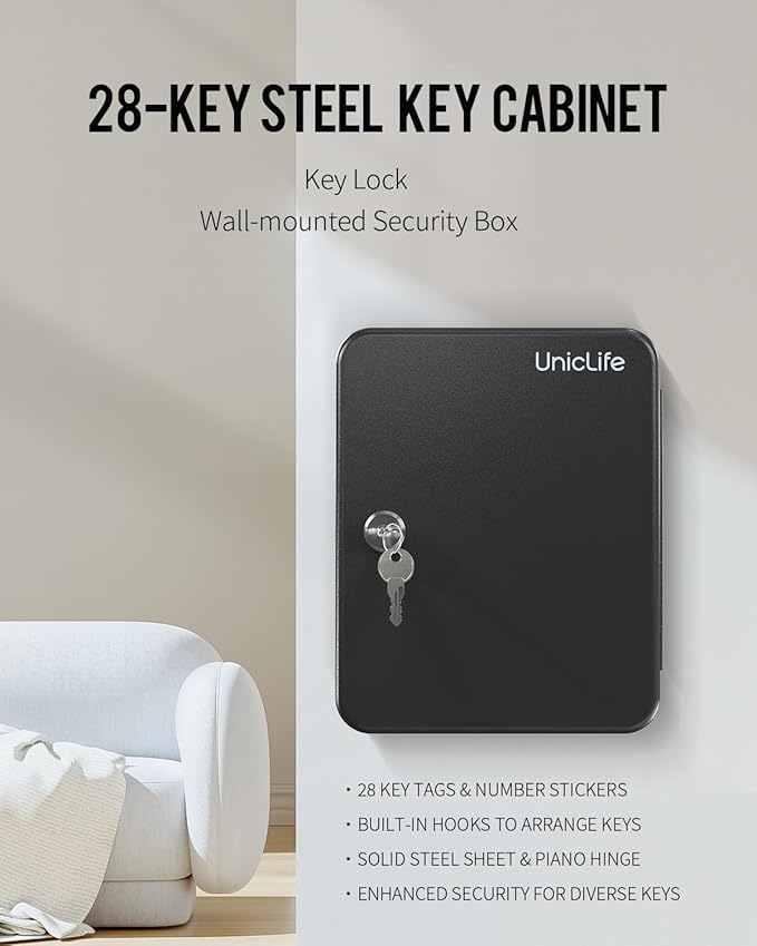 Uniclife Steel Key Cabinet Wall Mounted Organizer - 28 Keys, 2 Unlocking Keys - Black Frosted Security Box with Hooks and Col