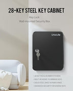 Uniclife Steel Key Cabinet Wall Mounted Organizer - 28 Keys, 2 Unlocking Keys - Black Frosted Security Box with Hooks and Col