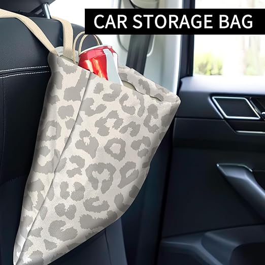 Car Trash Can, Cute Car Trash Bag, Hanging Car Organizer and Storage Bag, Trash Bin for Car Accessories, Vehicle, Travelling, Camping Gray White Leopard