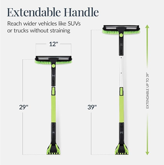 Best Choice Products 4 in 1 Snow Brush with Shovel, Squeegee & Ice Scraper, Up to 39" Extendable Foam Grip, 270° Pivoting Snow Brush for Car Truck SUV, Storage Bag Included - Lime