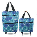 Reusable Grocery Bags with Waterproof Coating and Folding Wheels - Foldable Tote Bags for Shopping, Multi-Purpose Storage for Groceries(Blue Flower)
