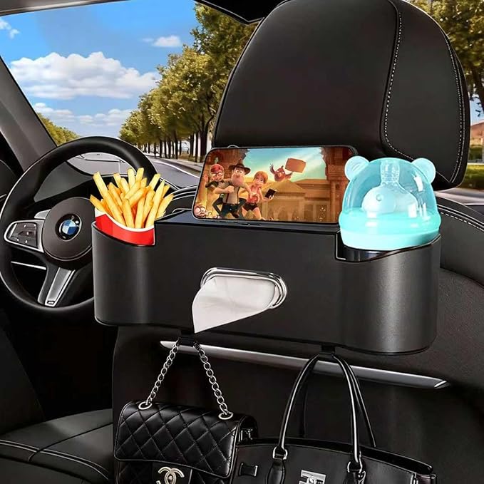 Car Backseat Organizer for Kids & Travelers - 4 in 1 Multifunctional Car Seat Back Storage with Cup Holder, Tissue Box, Snack/Handbag Holder - Nappa Leather Universal Fit for SUV/Van/Sedan (Black)
