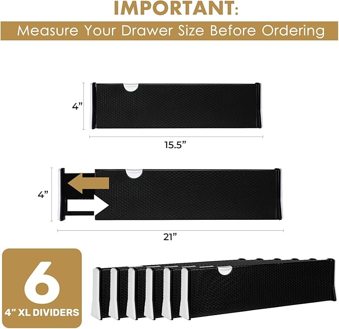 RAPTUROUS Adjustable Drawer Dividers 6 Pack, 4” High, 15.5-21” Long, Dresser Drawer Organizer for Bedroom, Closet, Kitchen, N