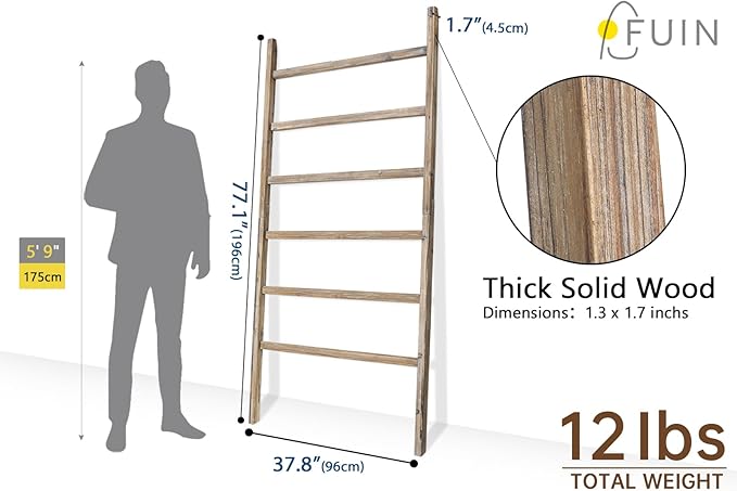 FUIN Extra Wide 6.4ft Wooden Blanket Ladder Living Room Decorative Wal Leaning Farmhouse Quilt Display Holder Rustic Wood Tow