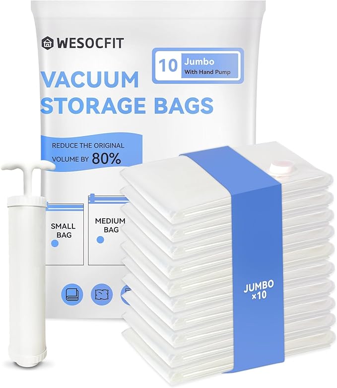 10 Jumbo Vacuum Storage Bags, Vacuum Seal Bags for Clothing, Pillows, Comforters, Blankets, Space Saver Bags with Hand Pump