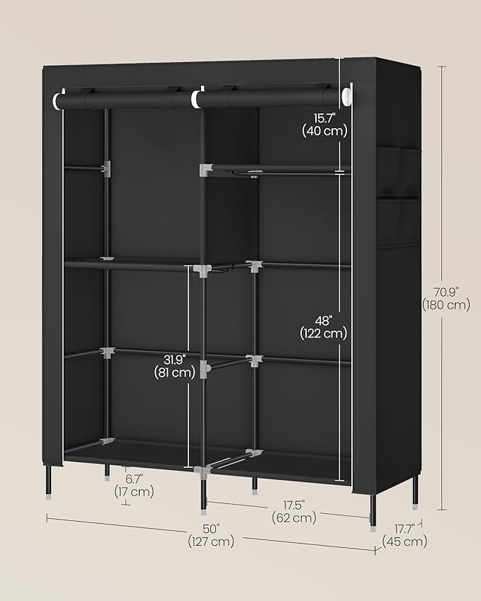 SONGMICS Portable Closet, Fabric Wardrobe, Clothes Rack with Shelves, Pockets, Large Capacity, 3 Hanging Rods, 50 x 17.7 x 70