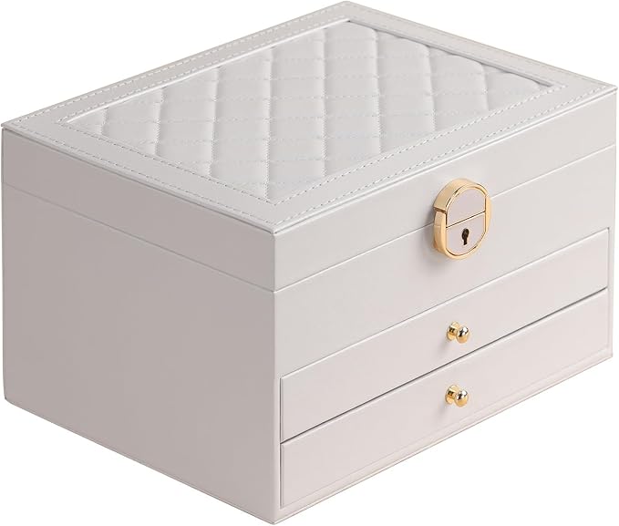 GUOER Jewelry Box for Women Girl Wife 3 Layers Large PU Leather Jewelry Organizer Storage Case with Two drawers Display for E