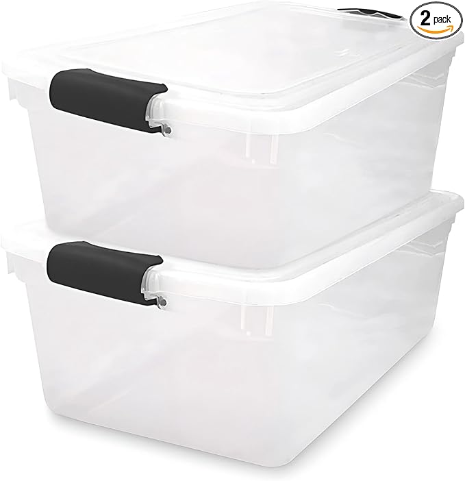 HOMZ 2-Pack Secure Latch, Clear Plastic Storage Organizer Bins, 64 Quart, Gray Latches - Stackable Container Boxes for Bedroo