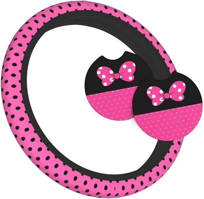 Pink Black Bow Steering Wheel Cover,Cute Classic Universal Fit 14-15 inch Steering Wheel Cover for Women Men, Automotive Inte