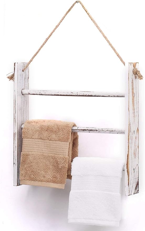 Rustic Wood Ladder Hand Towel Rack for Bathroom, Farmhouse Blanket Ladder for Living Room Hanging Decorative Rack for Blanket