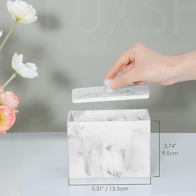 Luxspire Cotton Swab Holder, Resin Canister with Lid, 2 Compartments Dispenser Storage Box Cosmetics Countertop Organizer Con