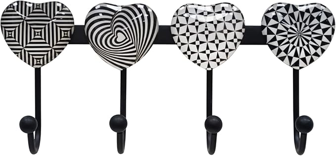 Coat Rack Wall Mounted with 4 Hooks, Heart Geometric Pattern Decorative Wall Hooks for Hanging Hat, Key, Towel, Purse, Bag an