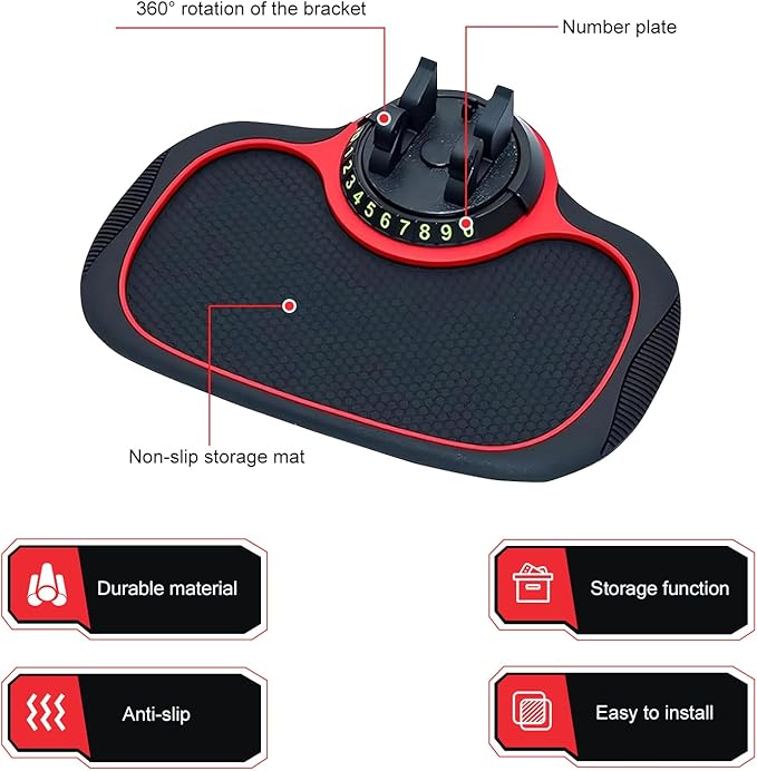 Multifunction Car Anti-slip Mat, Storage Pad & Rotatable Phone Holder & Parking Number Plate, Large Organizer Pad for Phone K