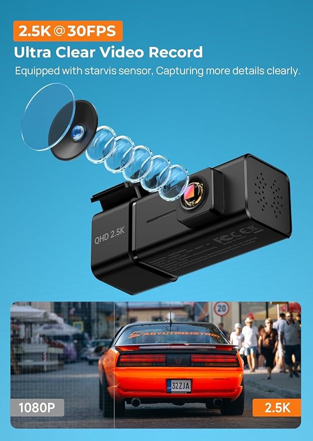 Dash Cam 2.5K Front Dash Camera for Cars with App, WiFi Mini Dashcam Built-in IPS Screen, Night Vision, G-Sensor, Smart Voice