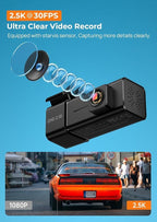 Dash Cam 2.5K Front Dash Camera for Cars with App, WiFi Mini Dashcam Built-in IPS Screen, Night Vision, G-Sensor, Smart Voice