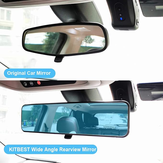 Universal 11.4 Inch Clip On Rearview Mirror - Anti Glare, Wide Angle - Convex - Blue Tint (Bonus 2 PCS Blind Spot Mirrors)