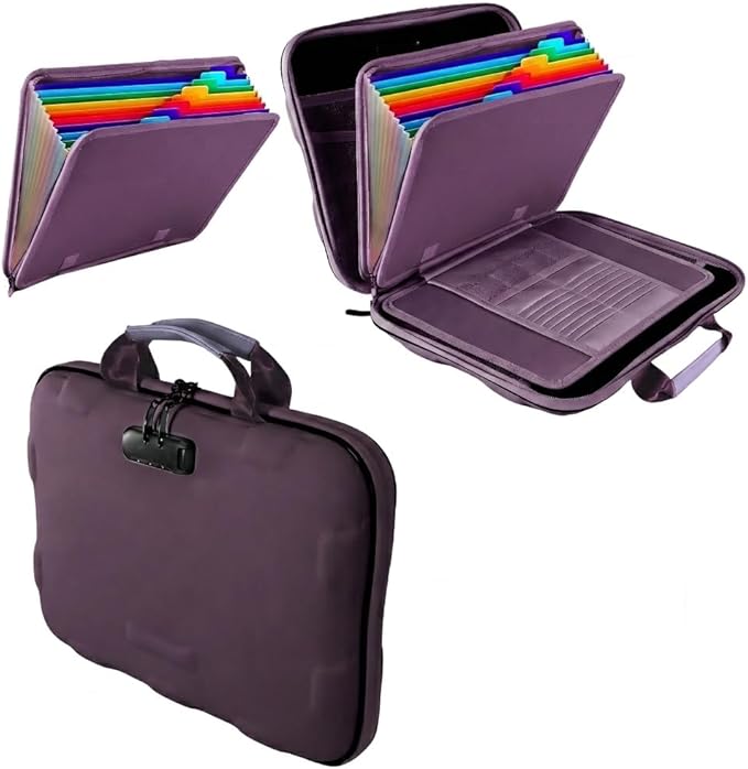 Fireproof Document Box, Hard Case Fireproof File Organizer Box with Lock and 13 Pocket Accordion File Folder, Portable Safe B