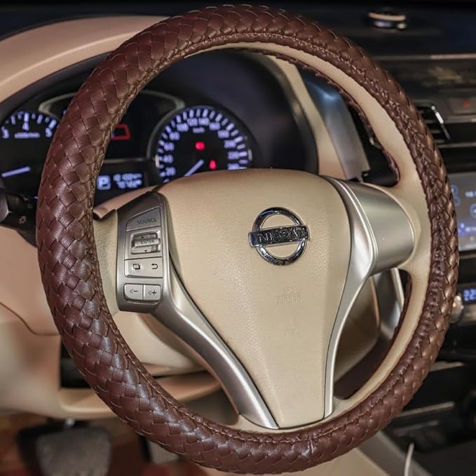 Carwales Elegant Men Steering Wheel Cover Leather for Car Hand-Made Wheel Wrap Hand Woven Universal 14.5-15 Inch Brown