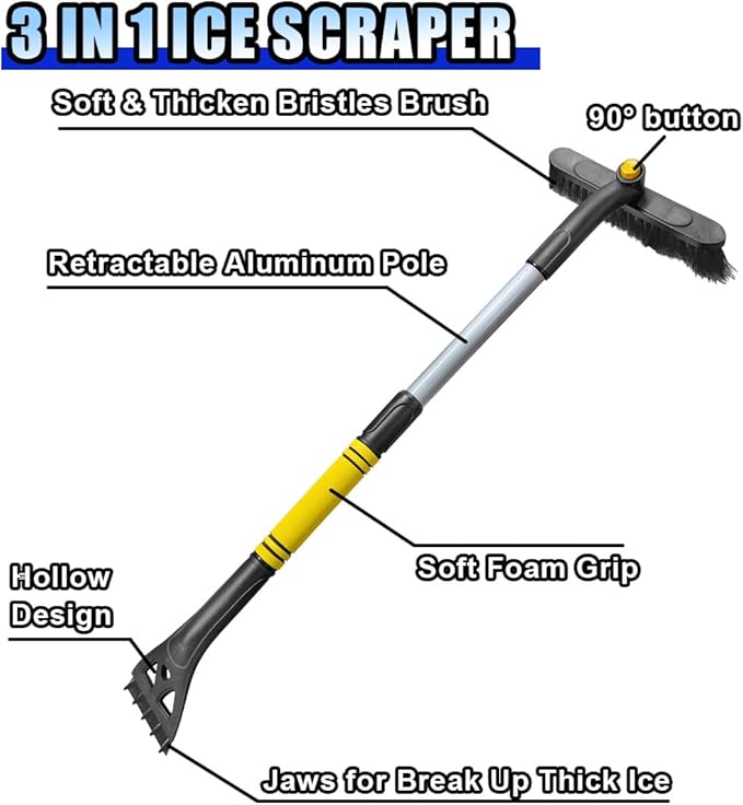 31.5" Detachable Snow Brush and Ice Scraper for Car Windshield, 2-in-1 Winter Snow Removal Tool with Extendable, 360° Rotating Soft Bristle Brush Head and Foam Grip for Most Vehicles (Yellow)