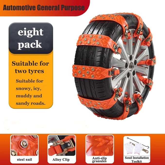 8 Pcs Chains On Wheels,1 Min Quick Fit Easy Installation Tire-Chains,Emergency Non-Slip Cable for Winter Driving on Snow, Ice