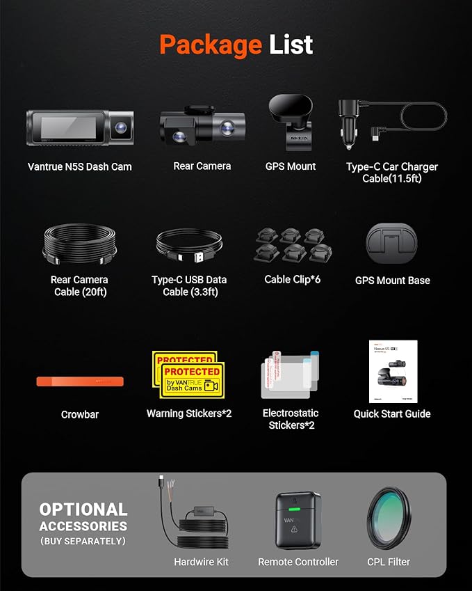 Vantrue N5S 4 Channel 360 Degree 2.7K Dash Cam, 4CH STARVIS 2 Night Vision, 2.7K+1080P*2+1440P Front Rear Inside Dashcam, 24/