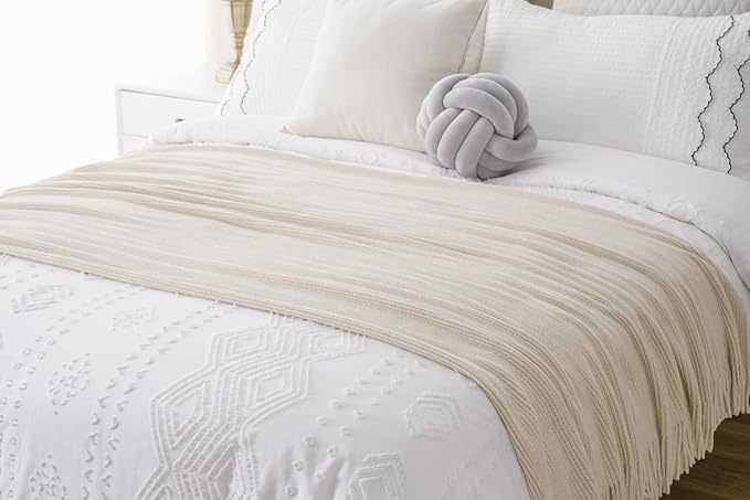 BATTILO HOME Beige Throw Blanket for Couch, Soft Chenille Knit Throws with Tassels for Home Decor, Spring Beige Throws for Co