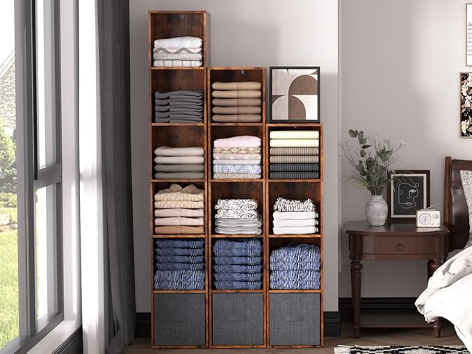 Cube Storage Organizer, 4 Cube Retro Bookshelf, Freestanding 4 Tier Open Shelf, Rustic Brown Retro Shelves for Home Office, B